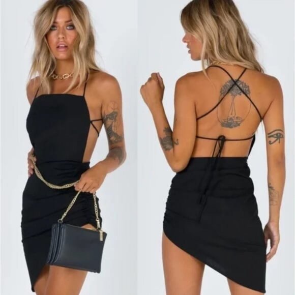 Revolve Lioness Cotton Linen Strappy Black Asymmetric Party Club Y2K Dress S - Picture 1 of 8